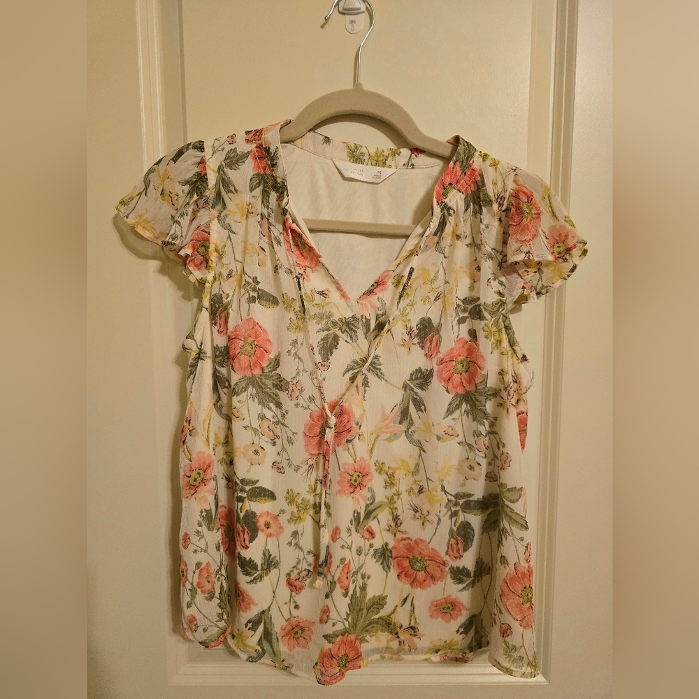 Lauren Conrad Petite Small Floral Gauze Blouse Sheer Lined Flutter Sleeve Fall